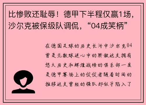 比惨败还耻辱！德甲下半程仅赢1场，沙尔克被保级队调侃，“04成笑柄”